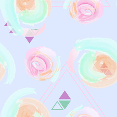 Watercolor stains and triangles on blue background contemporary art seamless vector pattern