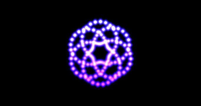 The blue neon decorative snowflake rotates and transforms into a nice pattern and glows, shines with a beautiful glowing light. Winter pattern into swirl element.