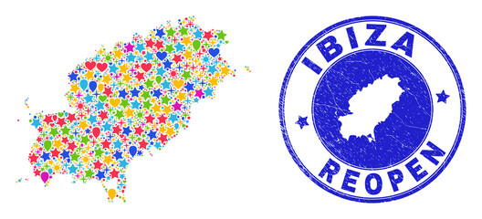Celebrating Ibiza Island map collage and reopening textured stamp. Vector collage Ibiza Island map is composed of random stars, hearts, balloons.