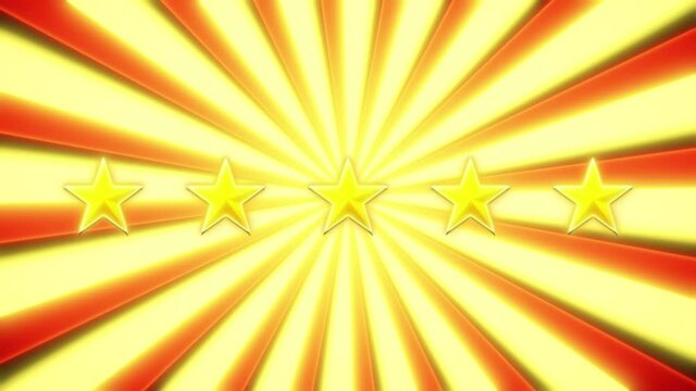Giving a five-star rating, with shapes turning from gray to golden, over a rotating retro circus pattern background.
