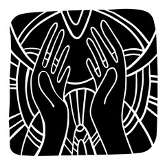 Vector design with squared icon with hands reaching to sun. Stylized print of a hands isolated on white background. Can be used for printing on paper, stickers, badges, jewelry, cards, textiles.
