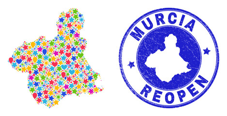 Celebrating Murcia Province map mosaic and reopening rubber seal. Vector mosaic Murcia Province map is designed of scattered stars, hearts, balloons.