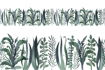Seamless ribbon border with fantasy herbs. Watercolor illustration. Natural background.