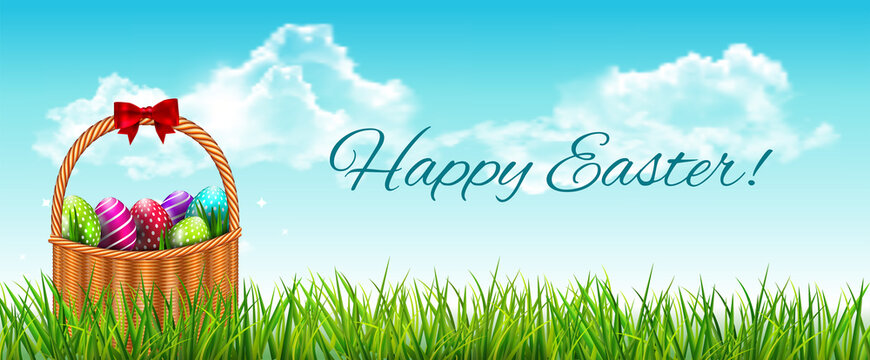 Happy Easter sale spring horisontal banner. Vector illustration easter basket with colored eggs in field grass.