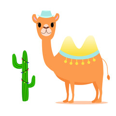Cute camel in hat near cactus with garland. Good for postcard.  Cartoon style. Vector isolated elements