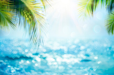 Fototapeta na wymiar Blurred Blue Sky And Sea With Bokeh Light And Leaves Palm Tree - Summer Vacation Concept 