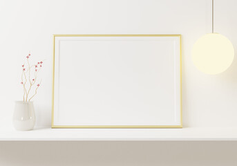 Interior poster golden photo frame mockup  on the shelf with small plant in pot and desk lamp on empty white wall background. . 3D rendering, illustration.
