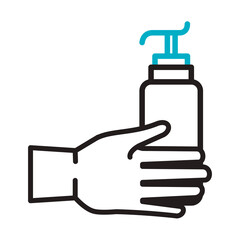 hand with antibacterial soap bottle line icon