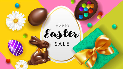 Fototapeta na wymiar Happy Easter sale background template with chocolate Easter eggs ,bunny, sweets beautiful camomiles, gift and colored eggs. Happy Easter big hunt or sale banner lettering with Colorful Eggs. Vector