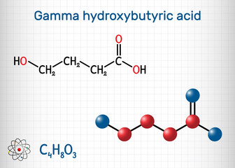 Gamma-hydroxybutyric acid, GHB, C4H8O3 molecule. It is neurotransmitter, liquid ecstasy, psychoactive drug. It is used in form of salt sodium oxybate. Sheet of paper in a cage.Vector illustration