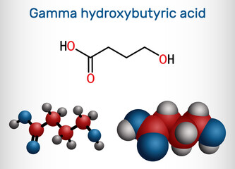 Gamma-hydroxybutyric acid, GHB, C4H8O3 molecule. It is neurotransmitter, liquid ecstasy, psychoactive drug. It is used in form of salt sodium oxybate. Structural chemical formula, molecule model