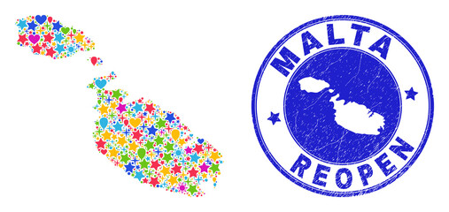 Celebrating Malta map mosaic and reopening rubber watermark. Vector mosaic Malta map is made of randomized stars, hearts, balloons. Rounded rough blue stamp imprint with unclean rubber texture.