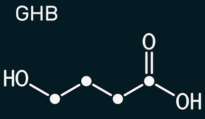 Gamma-hydroxybutyric acid, GHB, C4H8O3 molecule. It is neurotransmitter, liquid ecstasy, psychoactive drug. It is used in form of salt sodium oxybate. Dark blue background