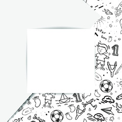 Fototapeta premium White square sheet of paper. Children's template for stickers, photos, elements, notes, lists, etc. Cartoon boy, stars, lettering, rocket, slingshot, toys. Black and white vector illustration. 