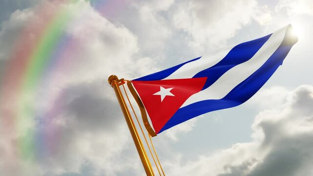 Flag of Cuba Waving in the wind, Cloudy and Rainbow Background, Slow Motion, Realistic Animation, 4K UHD 60 FPS Slow-Motion