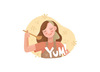 Vector illustration in flat style. Hand drawn lettering yum and character. The girl is tasting food. Cooking at home, hobbies, recipes. Isolated figure on a background with a floral ornament. 