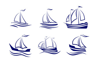 Travel by sea or ocean ships and yachts, a set of vector icons.