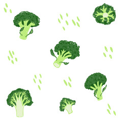 Broccoli seamless pattern. Whole and sliced in half, piece, cut broccoli flower vector illustration isolated on white background