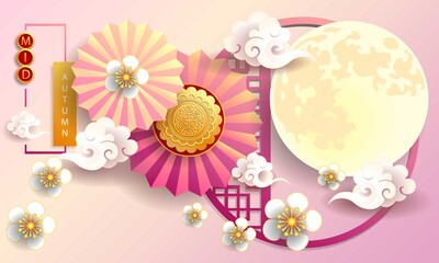 Mid autumn festival / Chinese festival with the moon, moon cake, blow, cloud and flowers on color paper. Vector illustration