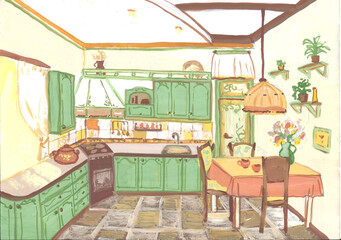 Sketch of a cozy, green kitchen, gouache