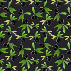 Gouache seamless pattern with olive tree branch, leaves and black olives on black background. Hand painted botanical illustration for textiles, packaging, fabrics, menus, restaurants