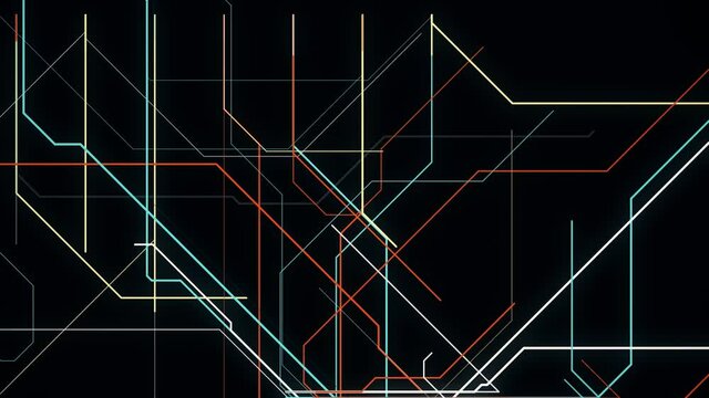 Electronic metro map. Animation. Neon lines move along specified route and create schematic animation on black background