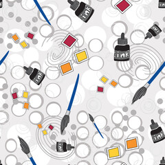 Supplies in Motion, sketches of ink, pens and brushes on a gray background with circles and marks, seamless vector repeat surface design