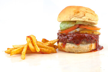 hamburger with beef, cheese and fried potato on a white background