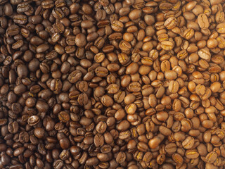 Top view, roasted coffee beans, brown, suitable for background images.