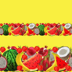 Seamless borders, ribbons, fruit gardening. Hand drawing dragon fruit, coconut, coffee, banana, strawberry on yelloe background in Gouache. Design for duct tape, adhesive tape, wallpaper, menu