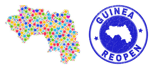 Celebrating Republic of Guinea map collage and reopening unclean stamp seal. Vector collage Republic of Guinea map is done with scattered stars, hearts, balloons.