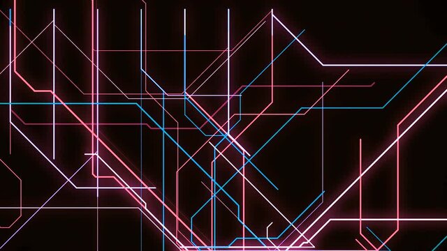 Electronic metro map. Animation. Neon lines move along specified route and create schematic animation on black background