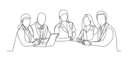 Continuous line drawing of business man and woman employee meeting at office. vector illustration