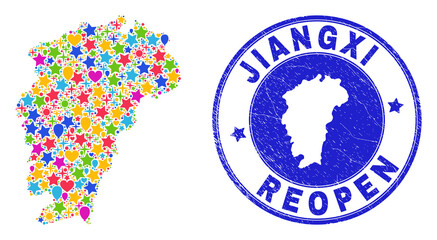 Celebrating Jiangxi Province map collage and reopening rubber seal. Vector collage Jiangxi Province map is composed of randomized stars, hearts, balloons.
