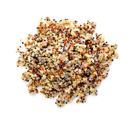 Healthy colorful cooked quinoa isolated on white. top view