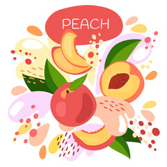 vector illustration of an organic fruit drink. ripe peach fruits with splash of bright fresh peach juice background. eco concept for a natural fruit smoothie label.