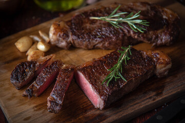 dark image of sirloin beef steak on wooden board