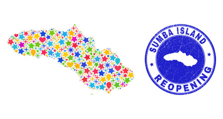 Celebrating Sumba Island map mosaic and reopening corroded stamp seal. Vector mosaic Sumba Island map is organized from randomized stars, hearts, balloons.