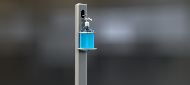 3D rendering foot operated hand sanitizer dispenser or hands free sanitizer stand at pubic area. Touchless equipment