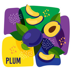 vector illustration of ripe plum fruits on abstract background. eco concept for natural plum fruit label.