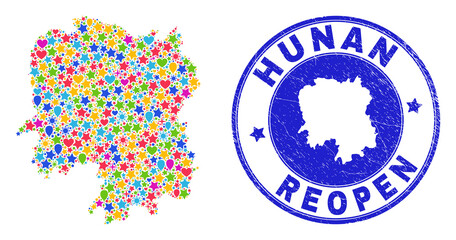 Celebrating Hunan Province map mosaic and reopening scratched stamp. Vector collage Hunan Province map is created with randomized stars, hearts, balloons.