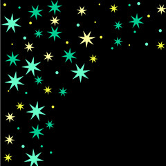 Fototapeta na wymiar Confetti of shooting stars. Yellow and turquoise stars. Luxury holiday background. Abstract texture on a black background. Design element. Vector illustration, eps 10.