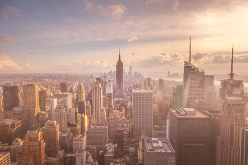 New York City skyline at sunset. Panoramic view