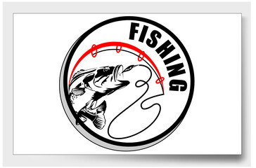 Vector Abstract image of a Fish caught on a Hook. Fishing label with a fish.Logo, emblem, sticker for companies selling goods for fishing.
