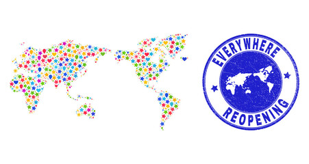 Fototapeta premium Celebrating world map collage and reopening rubber stamp seal. Vector collage world map is done of randomized stars, hearts, balloons. Rounded awry blue seal with grunge rubber texture.
