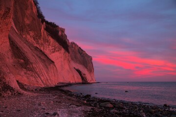 Møns Klint with red sky at dawn 