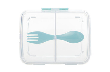 Plastic lunch box empty with fork, spoon on white background isolation