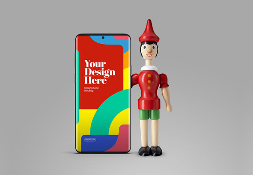Wood Doll with Smartphone Mockup