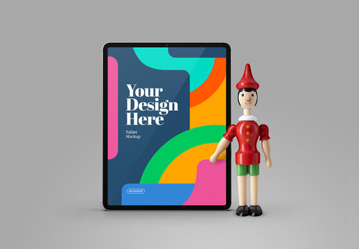 Wood Doll with Tablet Mockup