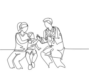 Fototapeta na wymiar Single line drawing of young happy male doctor checking up sick patient boy and giving high five gesture. Medical healthcare at hospital concept continuous line draw graphic design vector illustration